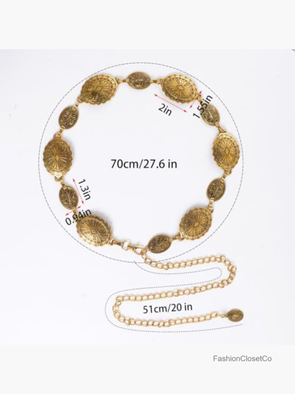 Adjustable Western Concho Chain Belt Gold Oval Metal Waist Chain for Women - Picture 2 of 7